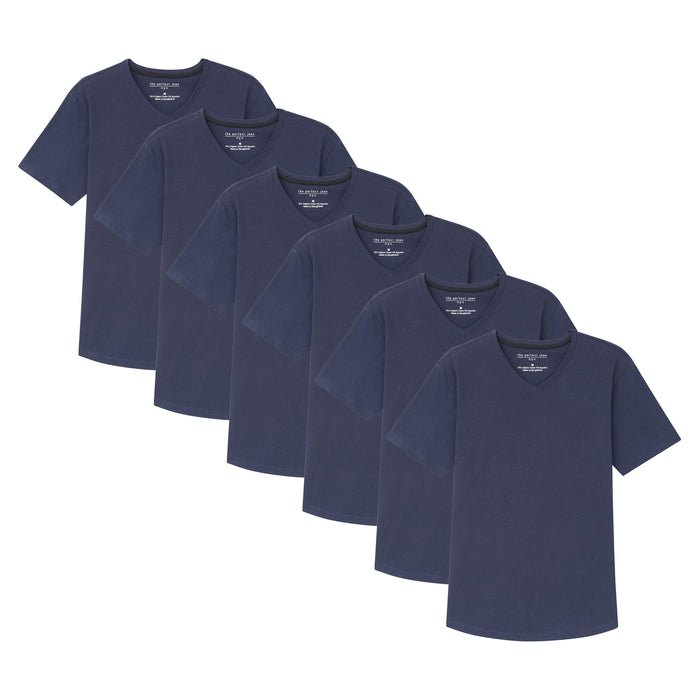Six navy blue v-neck t-shirts arranged in a row, each with a visible care label on the neckline.