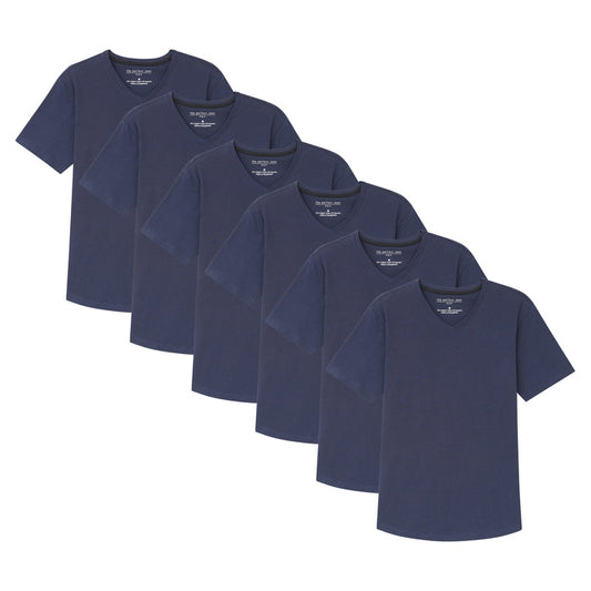 Six navy blue v-neck t-shirts arranged in a row, each with a visible care label on the neckline.