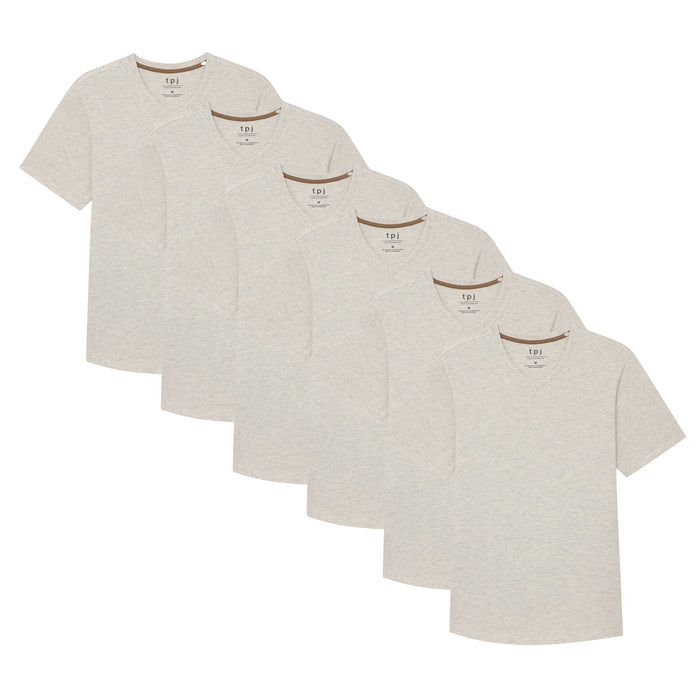 Six oatmeal heather v-neck t-shirts displayed in graduated sizes.