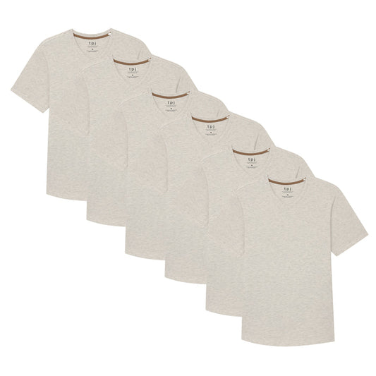 Six oatmeal heather v-neck t-shirts displayed in graduated sizes.