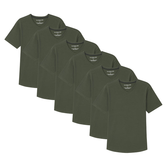 Six olive v-neck t-shirts arranged in overlapping rows showing the front view and fit.
