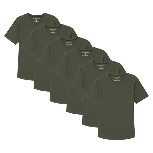 Six olive v-neck t-shirts arranged in overlapping rows showing the front view and fit.