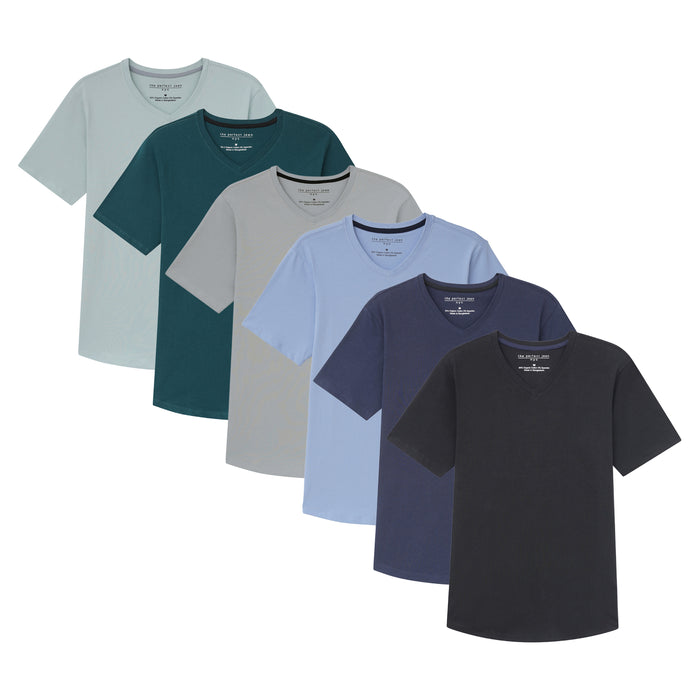 Six short-sleeve V-neck t-shirts in light blue, teal, gray, light blue, navy, and black.