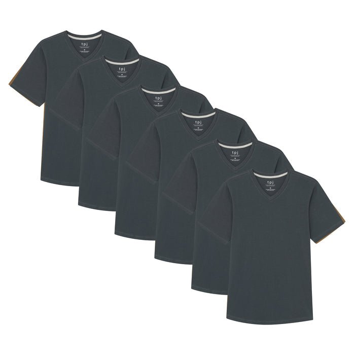 Six steel gray v-neck t-shirts stacked together, each with short sleeves and a gray trim at the neckline.