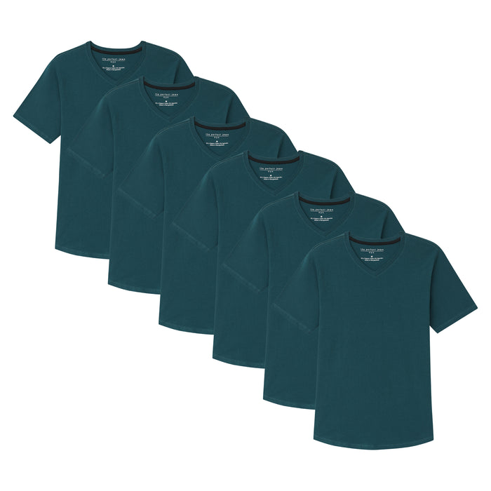 Six teal v-neck t-shirts arranged in a cascading display.