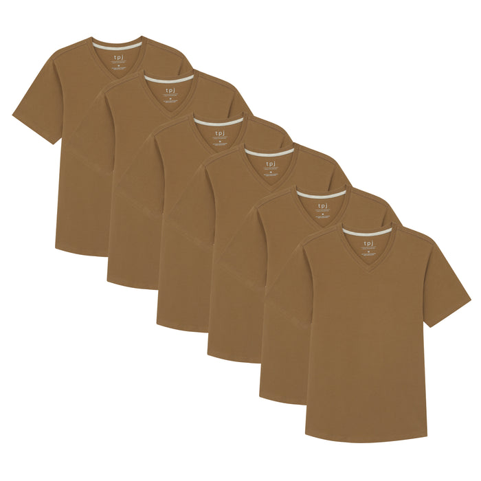 Six tobacco-colored v-neck t-shirts with short sleeves displayed in descending size order.