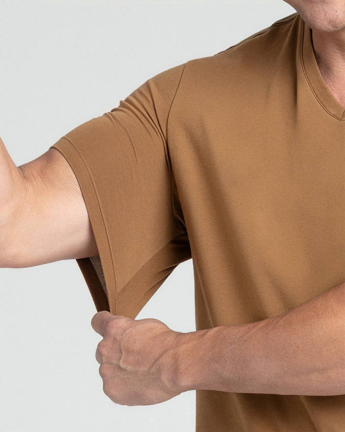 Tobacco brown V-neck t-shirt with short sleeves shown on model.