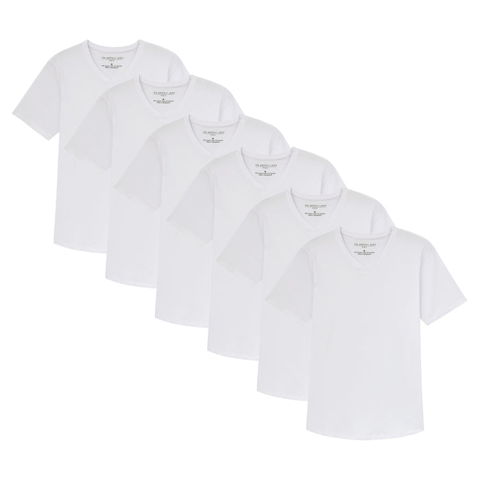 Six white short-sleeve v-neck t-shirts stacked in a row.