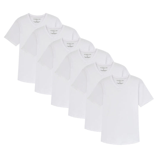 Six white short-sleeve v-neck t-shirts stacked in a row.