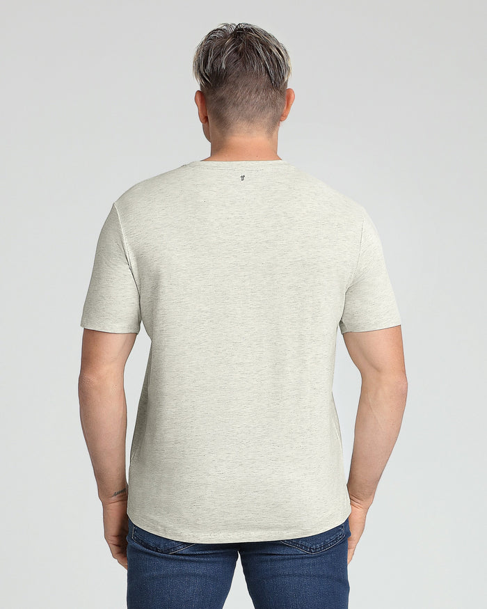 Oatmeal heather V-neck t-shirt with short sleeves, shown from back on male model wearing blue jeans.