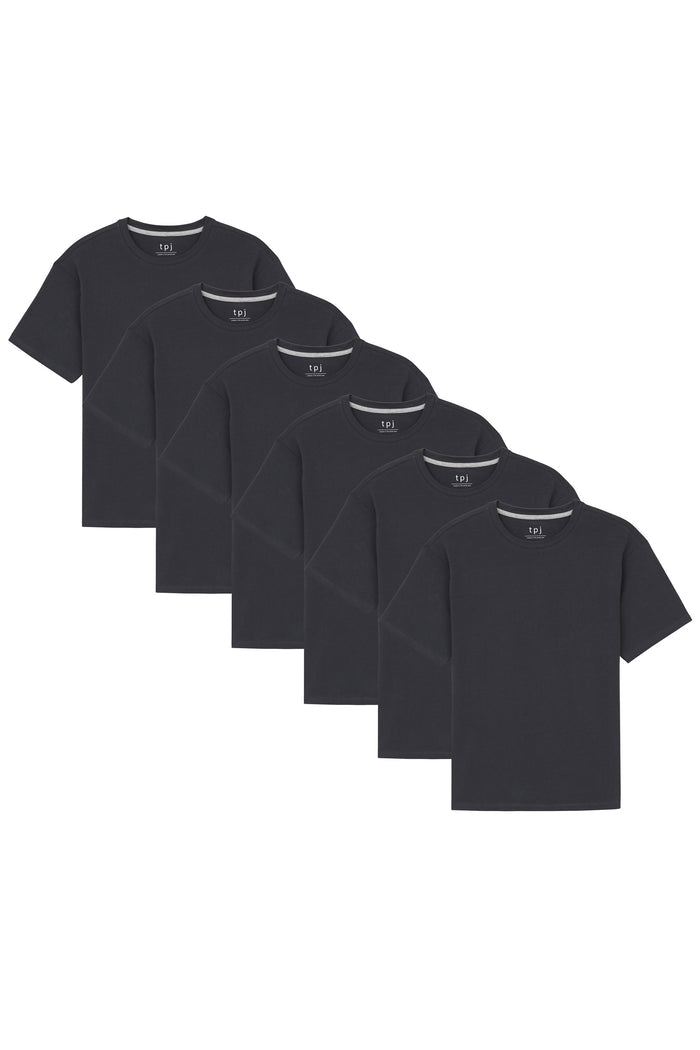 Six black crew neck t-shirts with short sleeves and gray binding at neckline, displayed in overlapping arrangement.