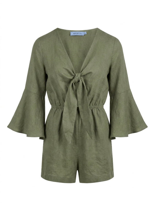 Playsuit APOELLA Penelope Bow Linen Playsuit Khaki Apoella