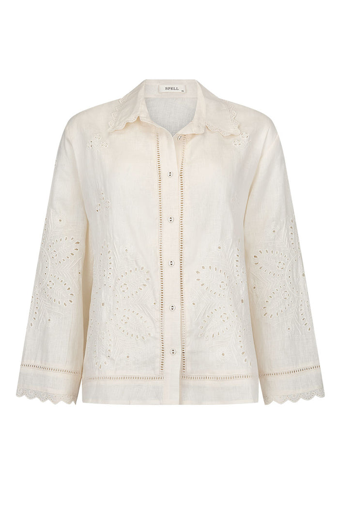 Pfeiffer Shirt in Antique Creme, front flat lay showing broderie embroidery, scallop lace hem and ladder lace placket