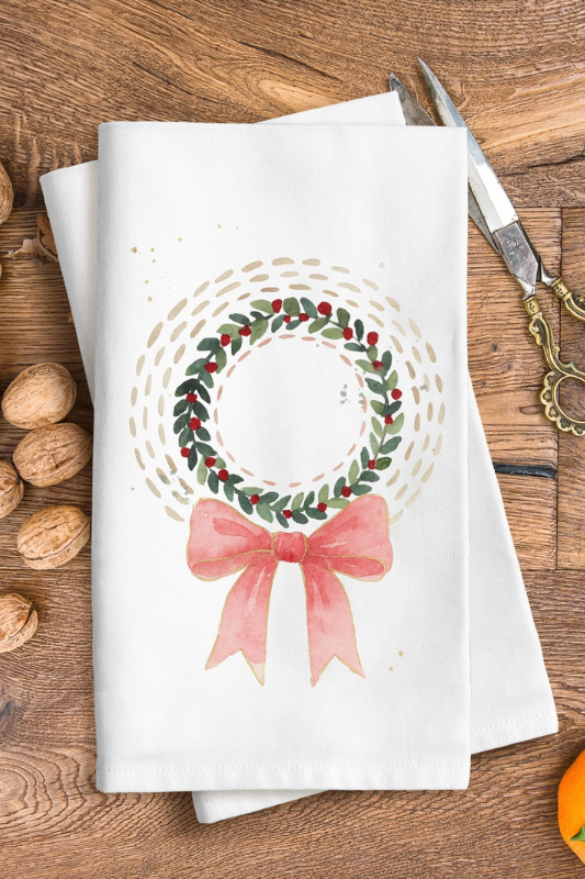 Pink Bow Wreath Tea Towel