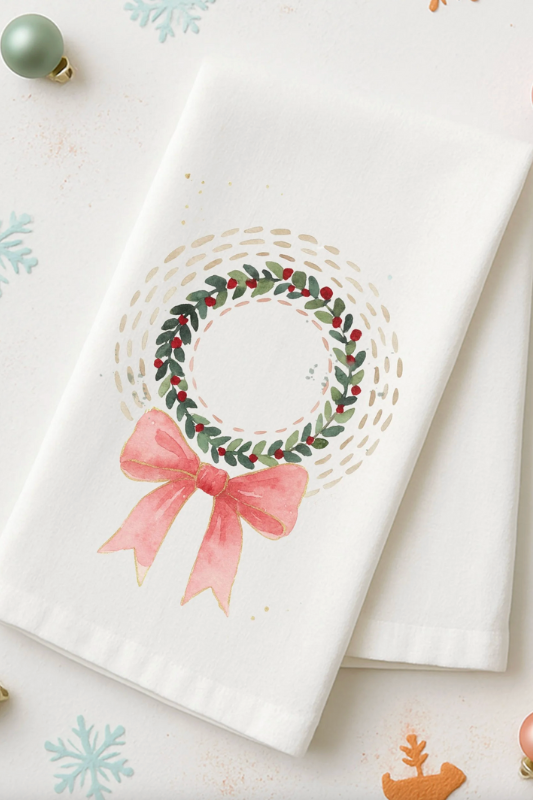 Pink Bow Wreath Tea Towel
