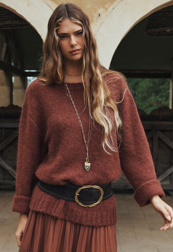Spell women's Plum & Lucy Sweater in Cocoa, alpaca-wool knit with ribbed hem, worn by a model