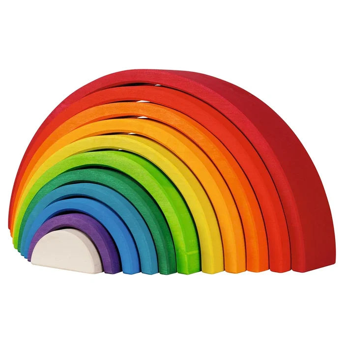 Goki Rainbow Building Blocks assembled as a classic nested rainbow arch on a white background, showing 11 hand-painted maple wood arches stacked from largest red on the outside through orange, yellow, green, teal, blue, purple, and a small natural wood arch at the center