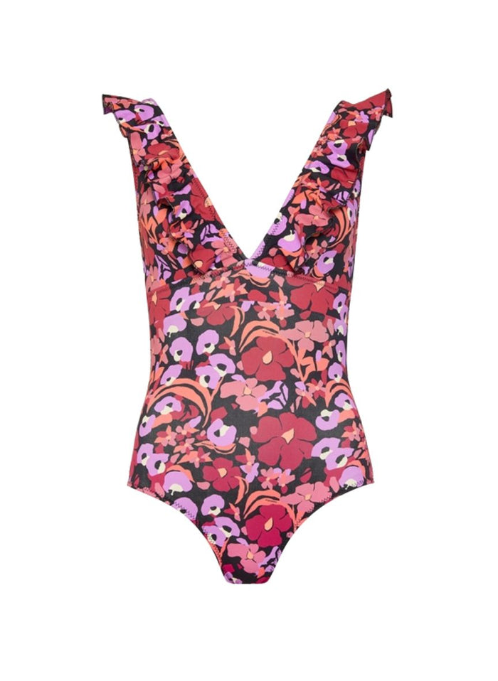 One-Piece Emmanuela Swimwear Rania V Neck Ruffled One-piece Bordeaux/Purple Flowers Apoella