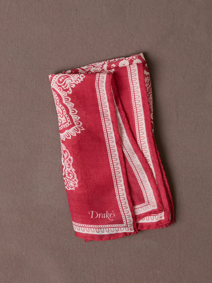 Red Paisley Tile Print Wool-Silk Pocket Square