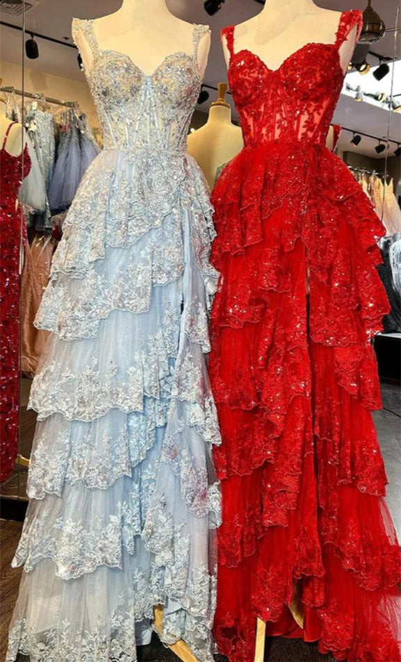 Red Prom Dress 2024 Sweetheart Straps Tiered Tulle with Slit
