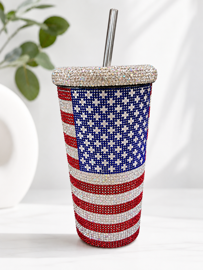 Rhinestone American Flag Tumbler with Straw | Bling Patriotic Stainless Steel Cup