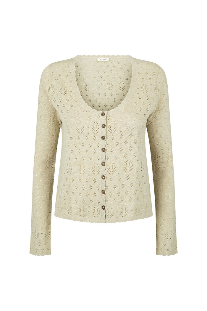 Rhodes Knit Cardigan flat lay front view showing pointelle knit, scallop edges and coconut buttons in sand