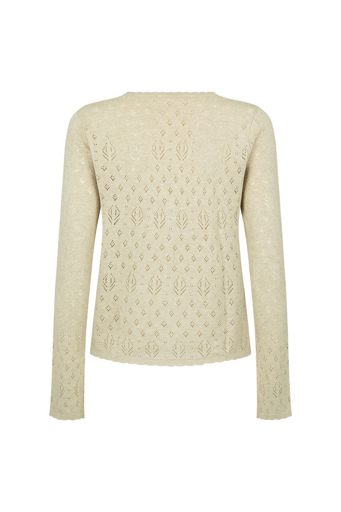 Rhodes Knit Cardigan in Sand, back flat lay showing pointelle knit pattern and scallop edge detail