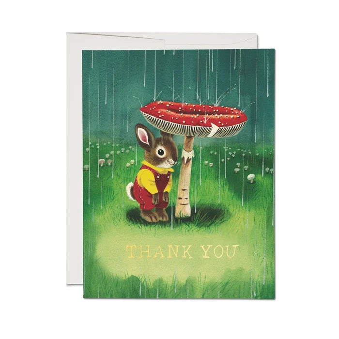 Greeting card with a rabbit holding a red umbrella in the rain, with 'Thank You' text.