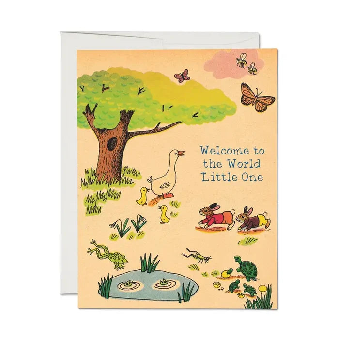 Greeting card with illustrations of animals and text 'Welcome to the World Little One' on a beige background.
