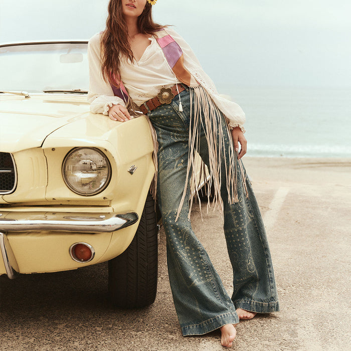 Spell women's Road Trip Denim Jean in Bandana blue wide-leg laser-print denim jean