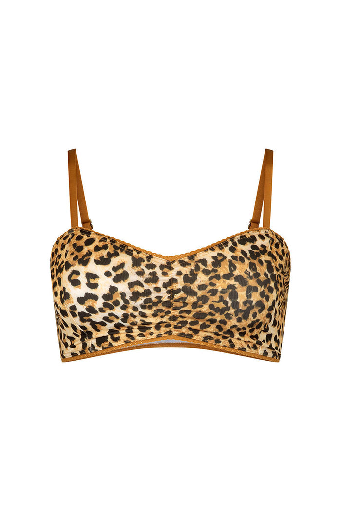Front flat lay of Samantha Bralette, leopard print mesh with lace-trim neckline and adjustable tan straps