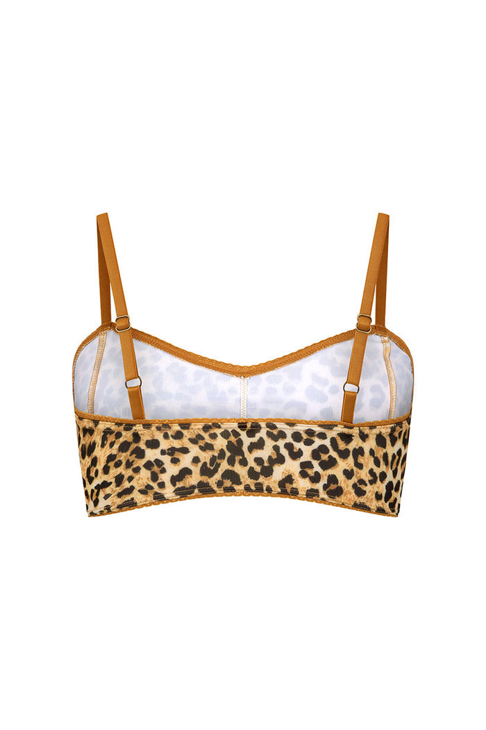 Front flat lay of Samantha Bralette, vintage leopard mesh cups, lace trim, tan adjustable straps, white background