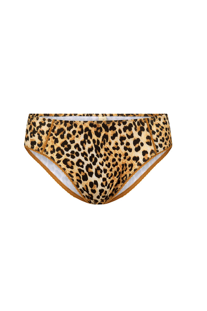 Samantha Brief front flat lay, vintage leopard print with lace trim detail on white background