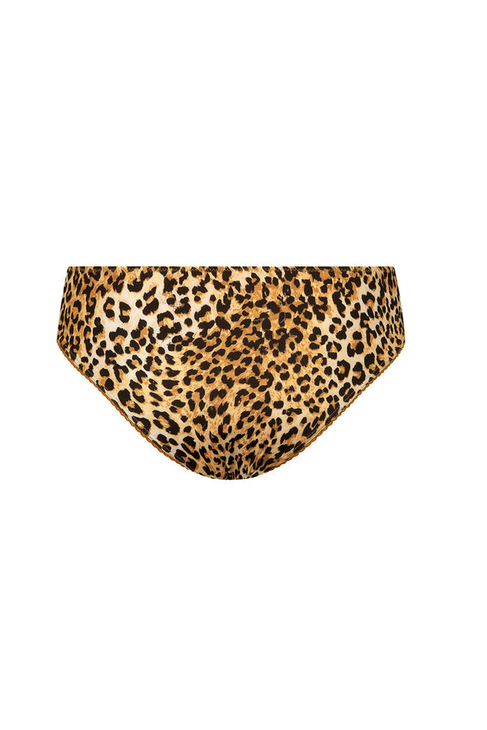 Back view flat lay of Samantha Brief in vintage leopard print with lace trim waistband detail