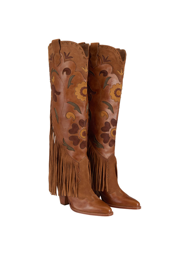 Front view of Sannah Fringe Boot in vintage tan leather with floral inlay and contrast suede fringe detail