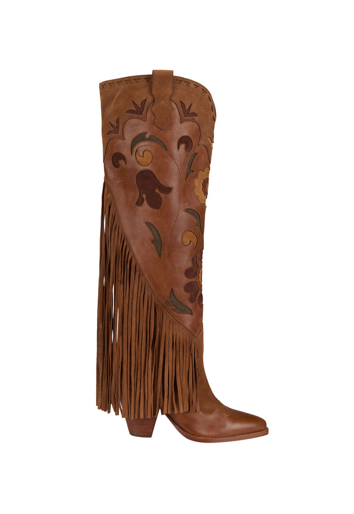 Side view of tan leather fringe boot showing intricate multicolour suede inlay design and long tassels to toe