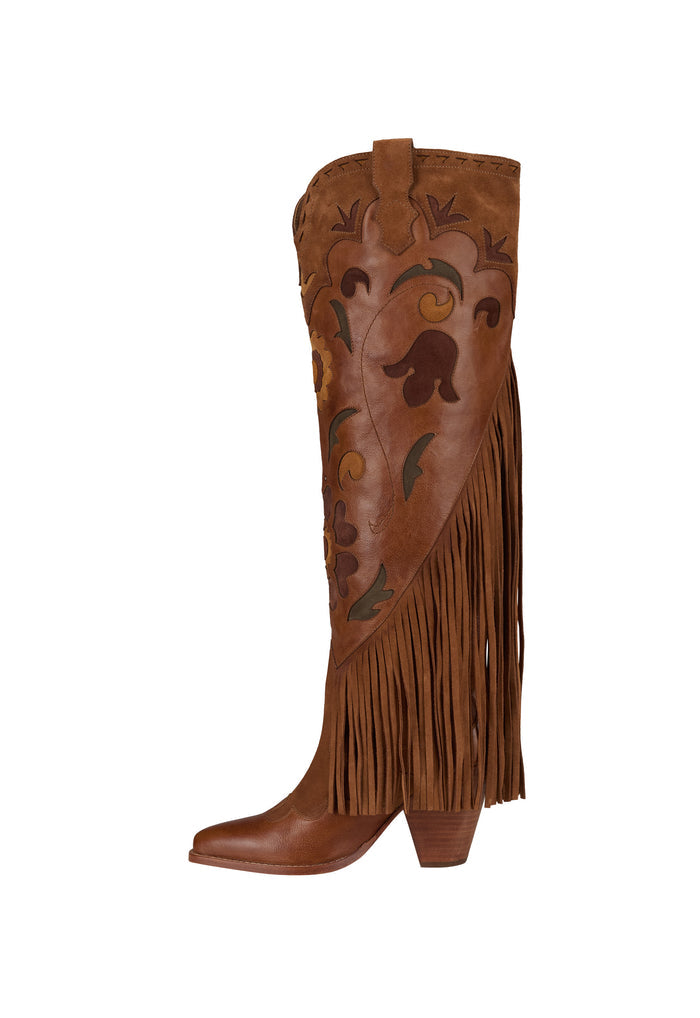 Sannah Fringe Boot in Vintage Tan — side view showing suede fringe panel, custom leather inlay, and stacked wooden heel