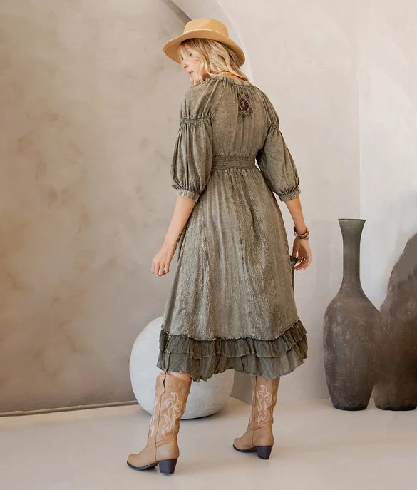 Sheared & Elasticated V-Neck Dress
