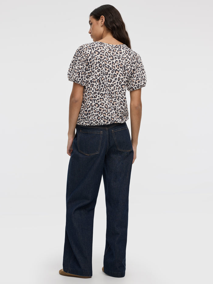Short-Balloon-Sleeve Crew-Neck Top