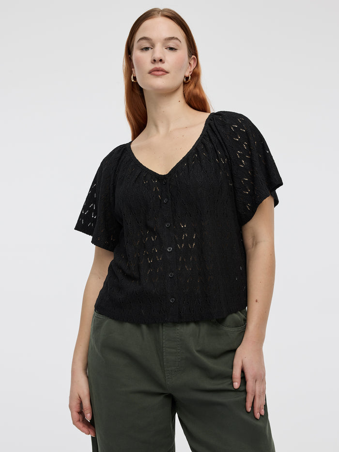 Short-Flutter-Sleeve V-Neck Buttoned-Down Blouse