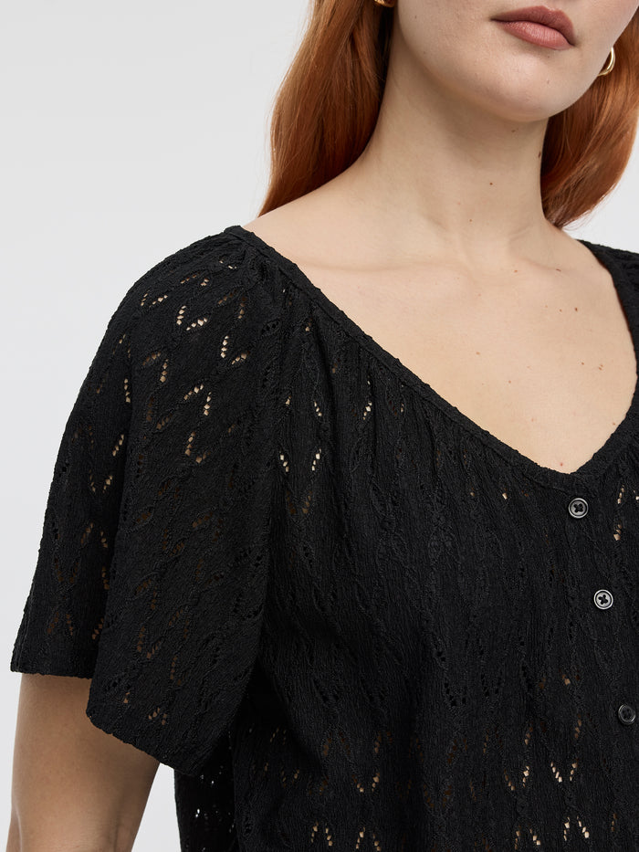Short-Flutter-Sleeve V-Neck Buttoned-Down Blouse