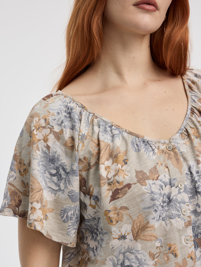 Short-Flutter-Sleeve V-Neck Buttoned-Down Blouse