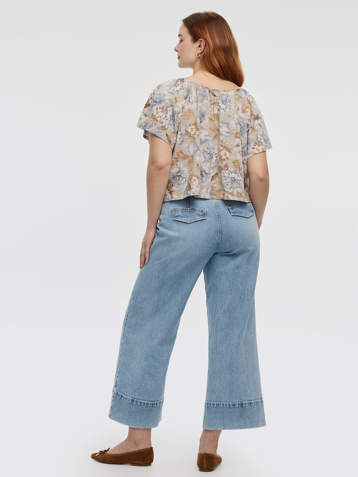 Short-Flutter-Sleeve V-Neck Buttoned-Down Blouse