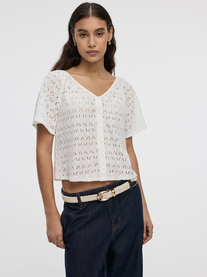 Short-Flutter-Sleeve V-Neck Buttoned-Down Blouse