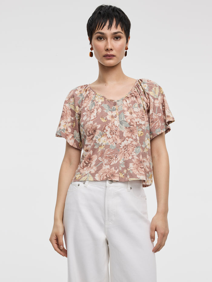 Short-Flutter-Sleeve V-Neck Buttoned-Down Blouse