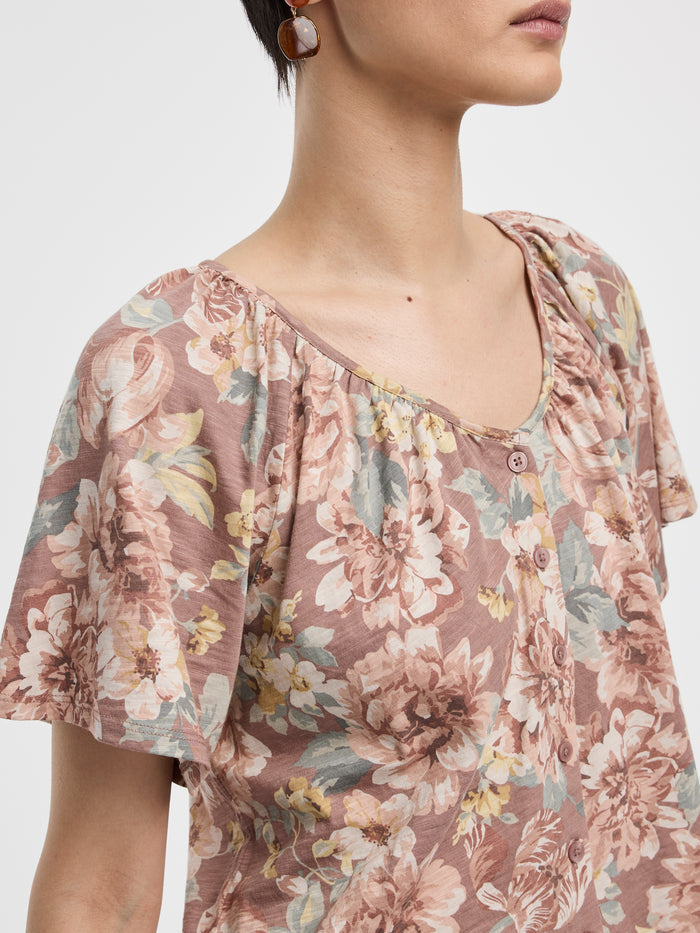 Short-Flutter-Sleeve V-Neck Buttoned-Down Blouse