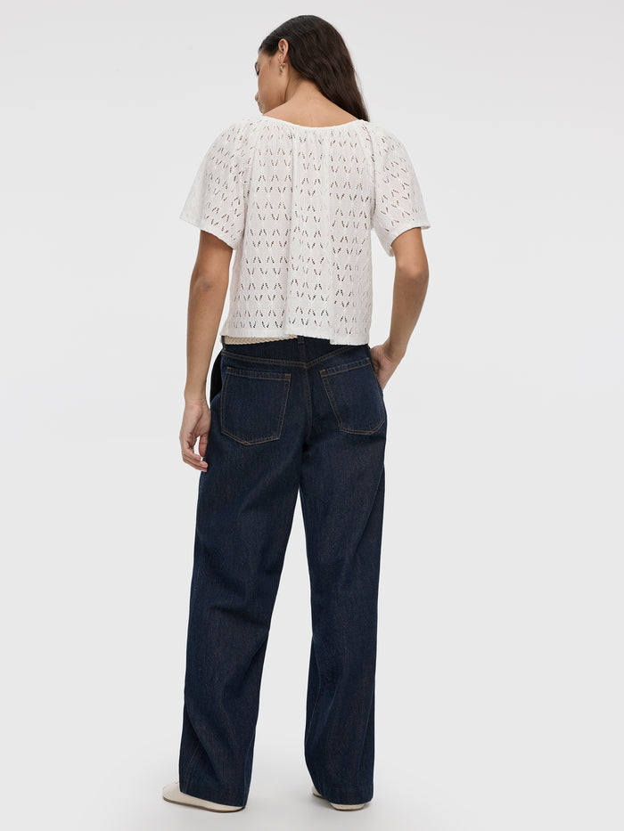 Short-Flutter-Sleeve V-Neck Buttoned-Down Blouse