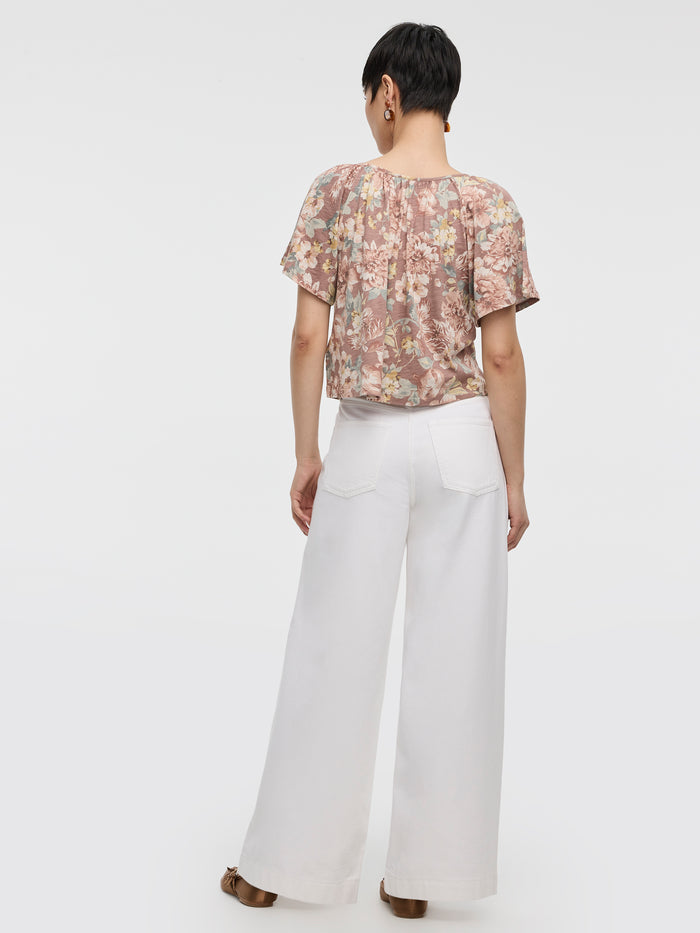 Short-Flutter-Sleeve V-Neck Buttoned-Down Blouse
