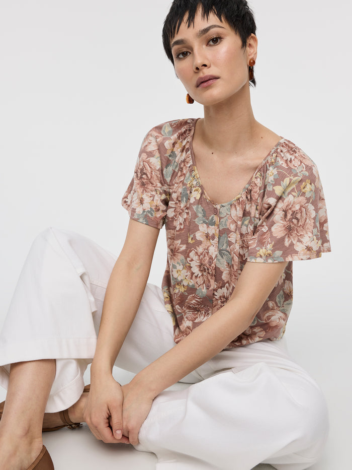 Short-Flutter-Sleeve V-Neck Buttoned-Down Blouse
