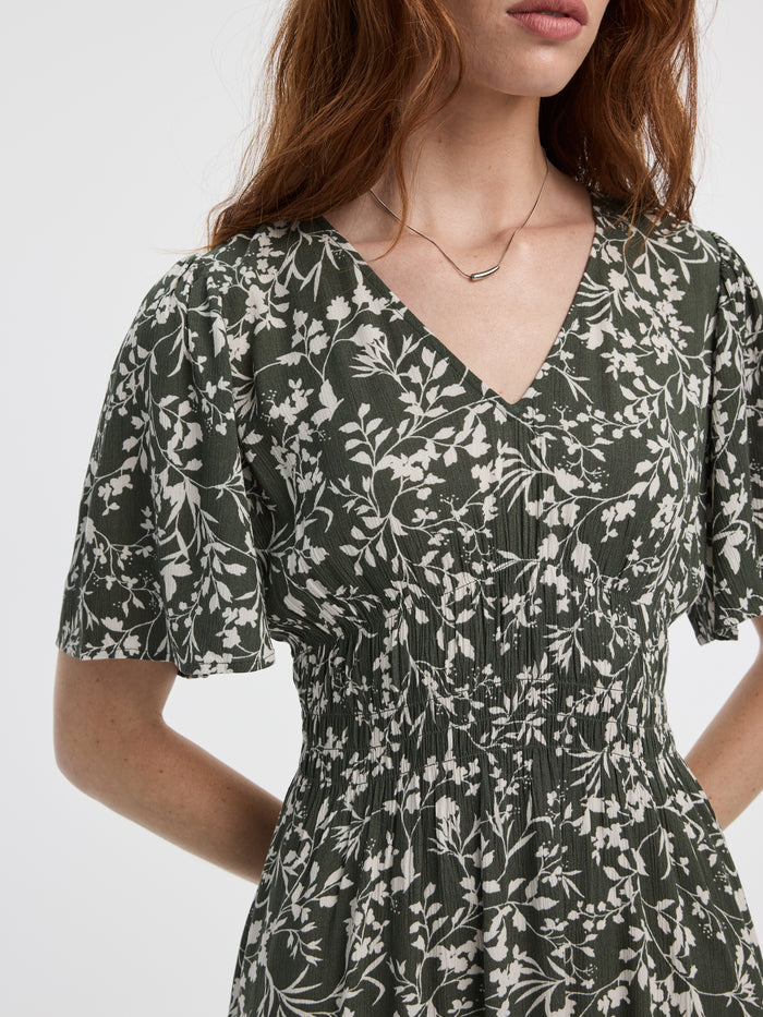 Short-Flutter-Sleeve V-Neck Tiered Midi Dress